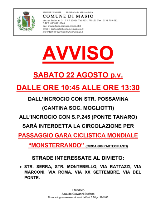 Passaggio gara ciclistica mondiale â€œMonsterrandoâ€ - Sabato 22 agosto 2026